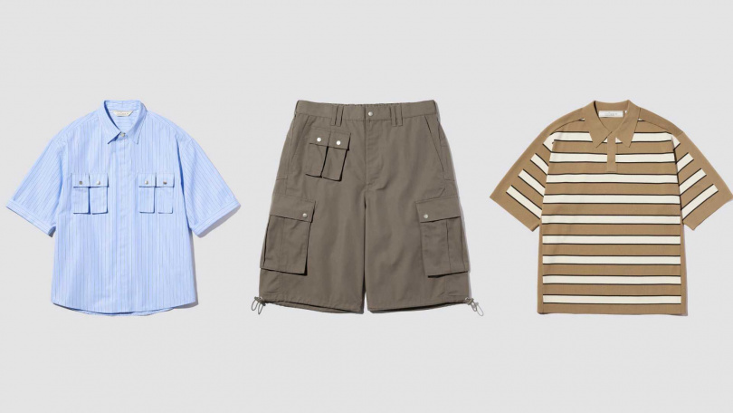 男裝工裝襯衫(5分袖)／1290元，男裝寬版工作短褲／1190元，男裝針織polo衫(5分袖) ／990元（圖／品牌提供）