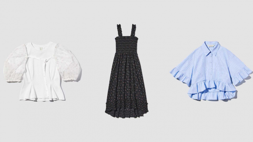 女裝短版罩衫T恤／990元，褶飾細肩帶連身裙／1790元，女裝設計5分袖襯衫／1190元（圖／品牌提供）