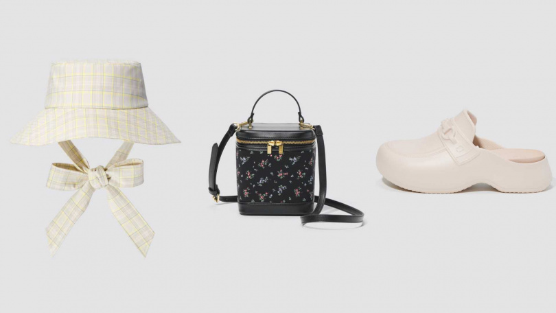 女裝寬簷帽／690元，女裝化妝箱包／990元，女裝樂福楔型鞋／1190元（圖／品牌提供）