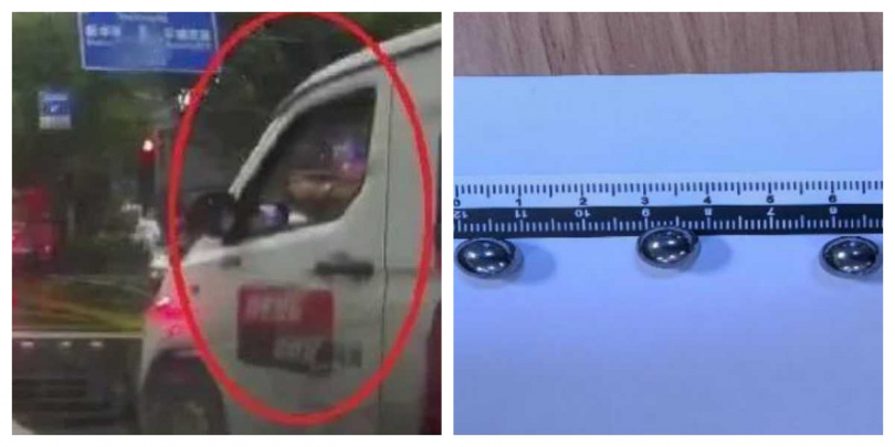 趙姓司機在車內藏彈弓與鋼珠，案發時趁等紅燈向路人發射。（圖／拱墅區檢察院提供）