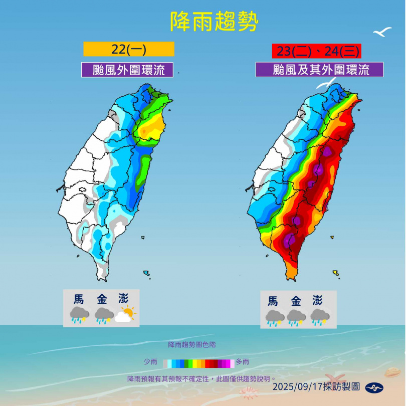 下周一、下周二降雨趨勢。(圖/氣象署提供)