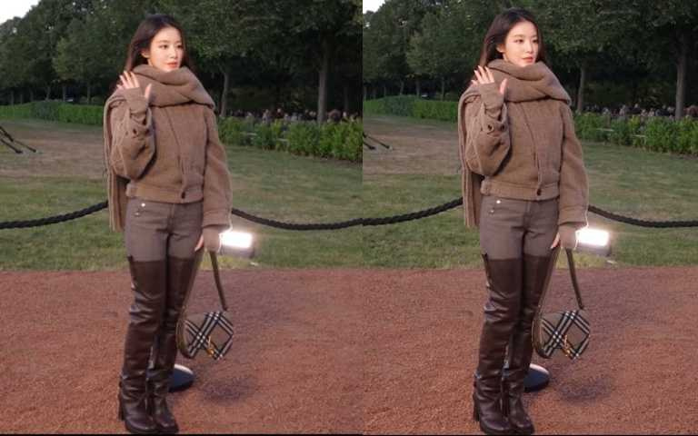 舒華以灰棕色羊毛外套搭配格紋圓弧肩背包，坐上Burberry 2026夏季大秀前排，摩登氣場盡顯。（圖／品牌提供）