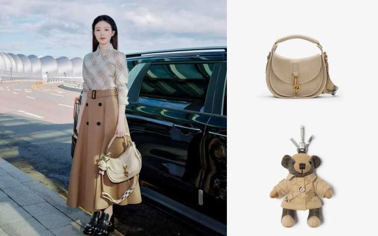 舒華以Burberry格紋襯衫、Gabardine風衣式中長裙，搭配蕈米色小型B Clip信差包與Thomas泰迪熊吊飾現身仁川機場。（圖／品牌提供、翻攝自網路）