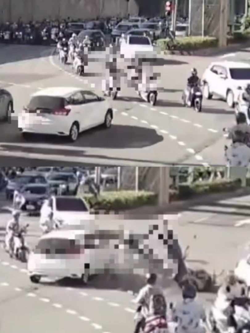 蔡女違規闖紅燈撞上整排機車，疑精神不濟釀禍。（圖／翻攝畫面）