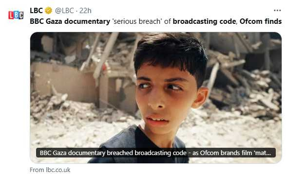 BBC紀錄片《加薩：如何在戰區生存》由一名13歲男孩擔任旁白，其父為哈瑪斯政府官員，身分未被揭露引發爭議。（圖／翻攝自X，@LBC）