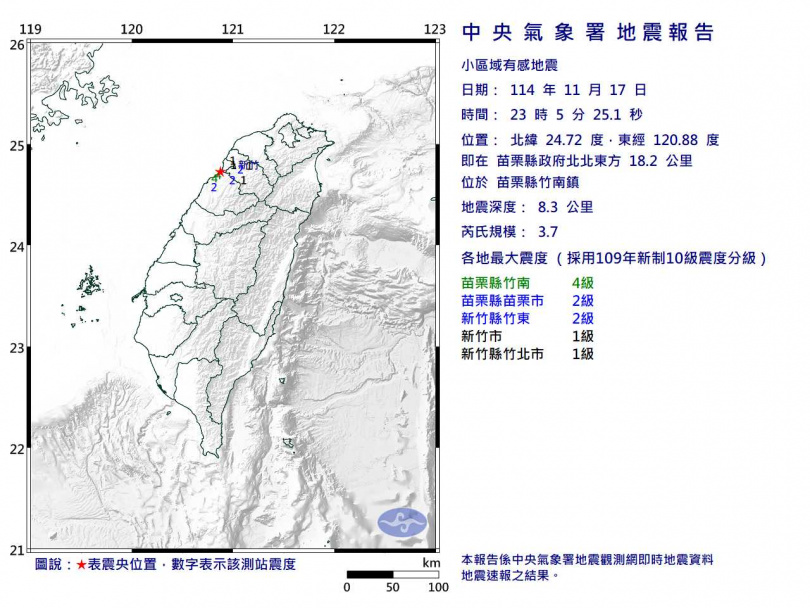 苗栗竹南深夜連2震。(圖/中央氣象署)