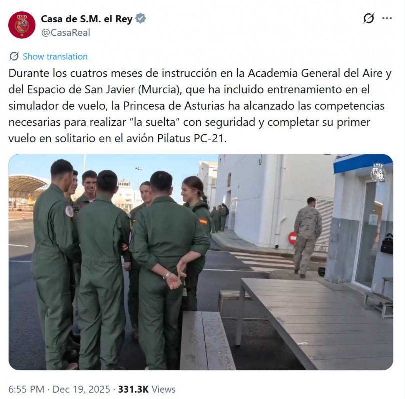 雷奧諾公主日前參與向航空主保聖母羅雷托的宣誓儀式，展現軍紀與信仰精神並重。（圖／翻攝自IG，casareal.es）