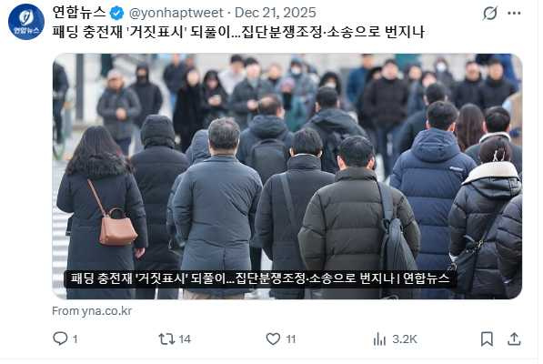 《The North Face》風波擴大，韓國多家電商平台也被發現販售標示不實羽絨商品。（圖／翻攝自X，@yonhaptweet）