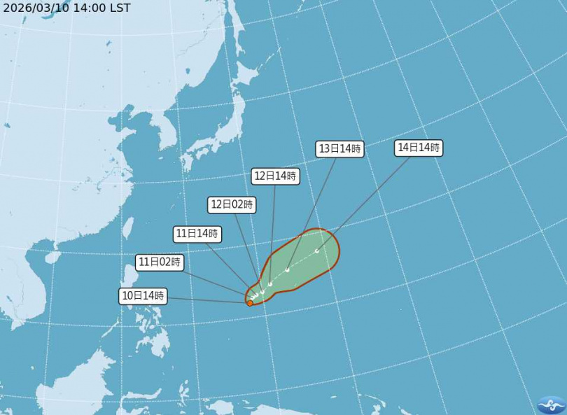 熱帶性低氣壓TD03今天下午2時中心位置在北緯12.0度，東經138.0度。（圖／氣象署）