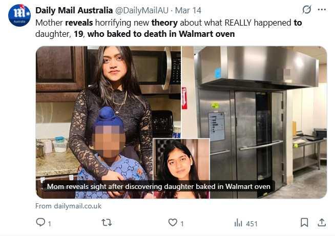 19歲女員工古西姆蘭在加拿大哈利法克斯一間沃爾瑪門市被發現陳屍於烘焙區烤箱內。（圖／翻攝自X，@DailyMailAU）
