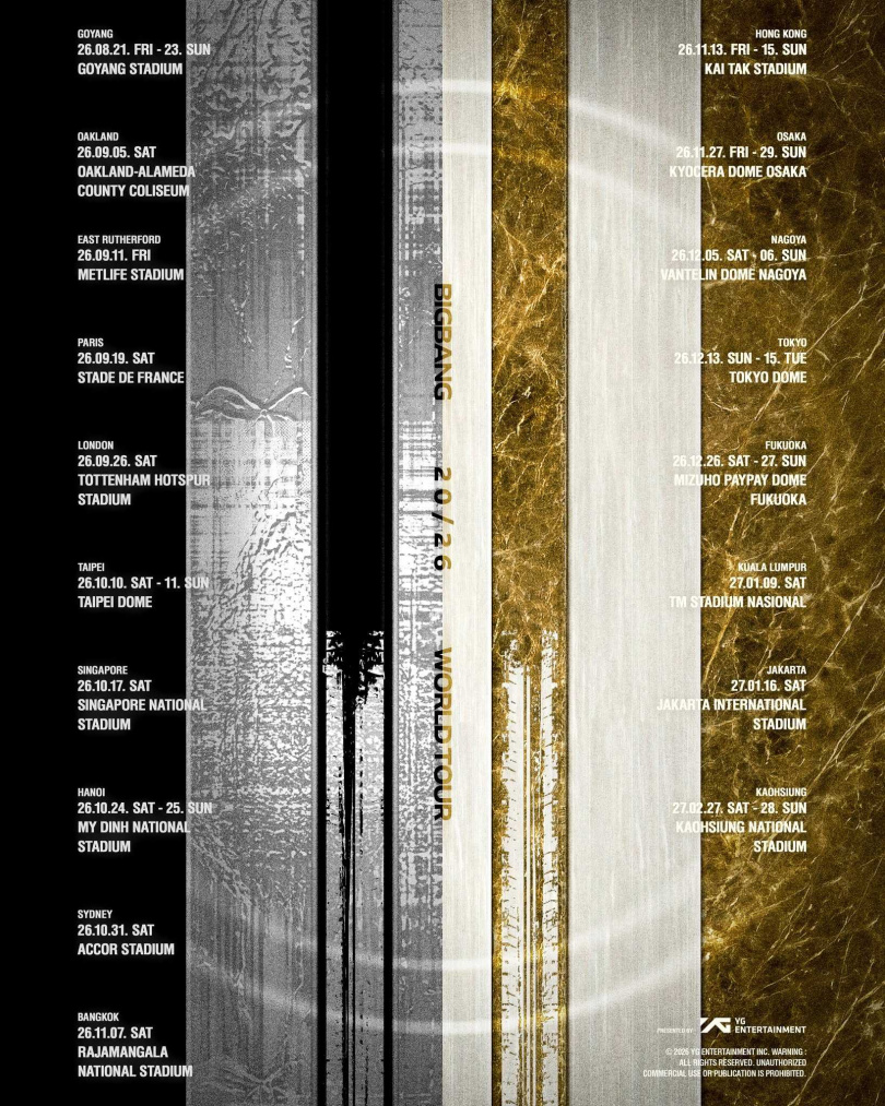 BIGBANG宣布世界巡迴場次。(圖/翻攝自BIGBANG 臉書)