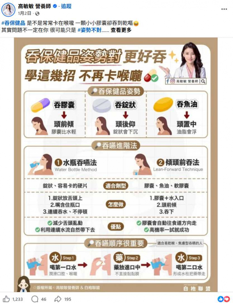 高敏敏分享「膠囊低頭吞、藥片微抬頭」原則,幫助提升吞藥成功率。(圖/翻攝自高敏敏臉書)