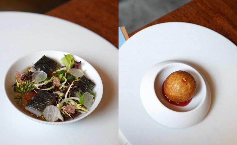 「鯖魚 番茄 泡菜」（左）搭配以自製泡菜湯澄清後製成的果凍，「伊比利豬 梅 貝涅餅」底部則抹上帶果香的紀州梅醬平衡油脂。（圖／魏妤靜攝）