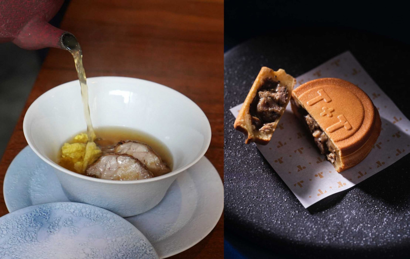 「瑤柱雞湯」（左）搭配輕漬的娃娃菜與剝皮辣椒，口感微酸爽脆，右為餐廳招牌「玫瑰鴨 松露 車輪餅」，以油封鴨腿為核心、拌入富含鴨肉精華的松露醬。（圖／魏妤靜攝、T+T提供）