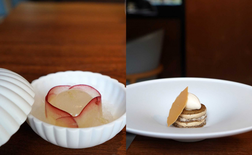 「咖啡 紅玉 淡奶」（右）以優雅茶香和焦糖苦甜交織，左為另一甜點「蓮霧 玫瑰 萊姆」，搭配清爽冰沙彷彿蓮霧版「芒果青」（圖／魏妤靜攝）