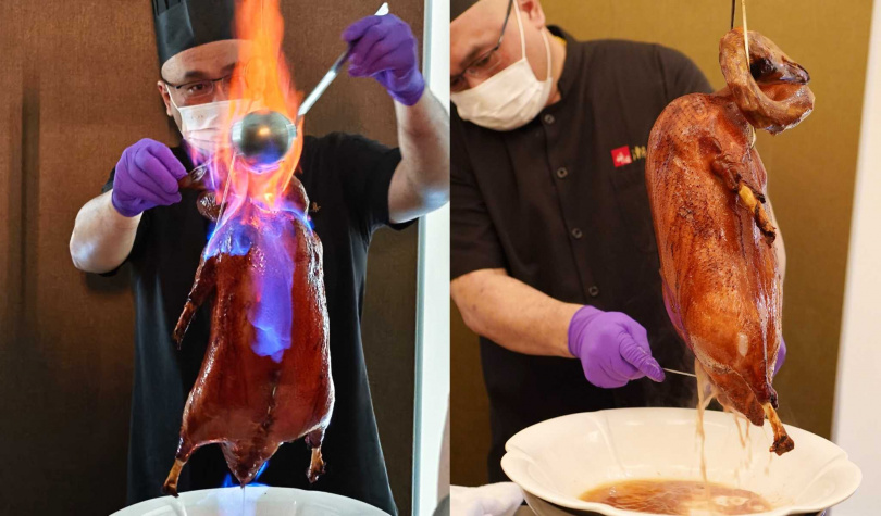 需提前3日預訂的「潮萃火焰瀨尿燒鵝」除了有桌邊火焰秀、酒香入皮，拔針後鵝腔內塞入的獨家辛醬料混合肉汁還會噴出。（圖／魏妤靜攝）