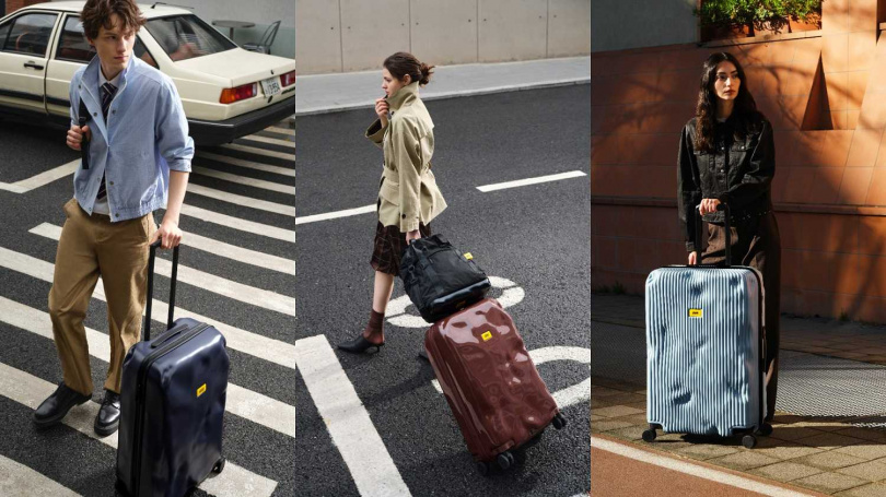 （左至右）Crash Baggage「Icon」系列行李箱（丹寧藍）／12,800元，「Icon Tot」系列行李箱（摩卡慕斯）／13,800元，「Stripe」系列行李箱（晨曦藍）／13,800元（圖／品牌提供）