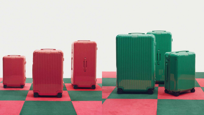 RIMOWA Essential Cabin行李箱（Granada石榴紅與Verde仙踪綠配色的）／30,500元、Essential Check-In M（Granada石榴紅）／35,200元、Essential Check-In L（Verde 仙踪綠）／38,200元、Essential Trunk Plus（Granada石榴紅或Verde 仙踪綠）／48,400元（圖／品牌提供）