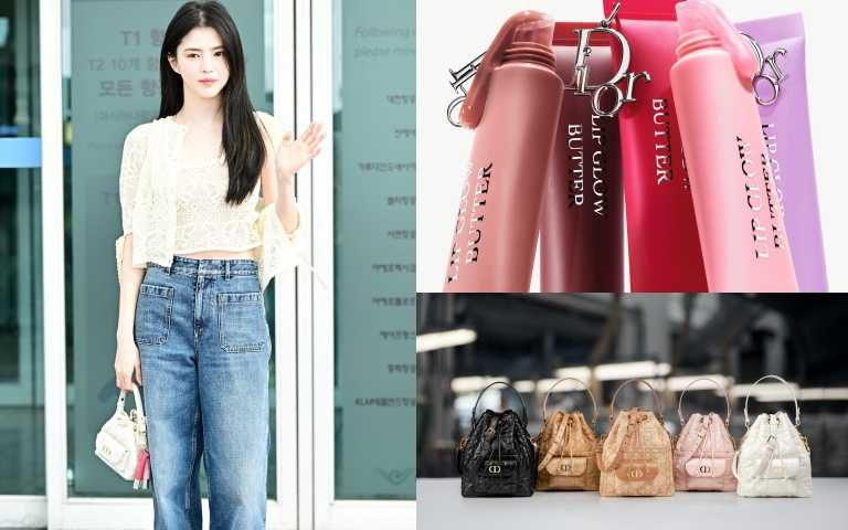 Dior 粉漾果凍唇蜜 10ml / 1,400元;Dior Caro 白色籐格紋小羊皮迷你水桶包/100,000元。(圖/品牌提供)
