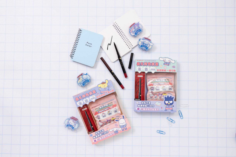 INTEGRATE 光透素裸顏美肌乳三麗鷗聯名組36mL / 479元、美肌蜜粉餅三麗鷗聯名組9.5g / 470元、眼線膠筆三麗鷗聯名組0.13g / 319元（圖／品牌提供）