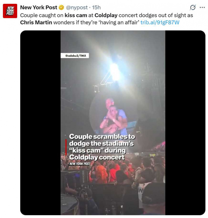 Coldplay演唱會上的親吻鏡頭畫面掀起熱議，並引發多則假訊息在社群平台流傳。（圖／翻攝自X）