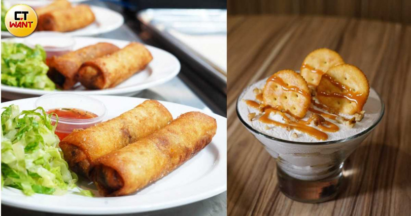 「燻肉炸春捲」（左）、「德州香蕉布丁」都是德州本店經典菜色之一。（各180元，圖／魏妤靜攝）