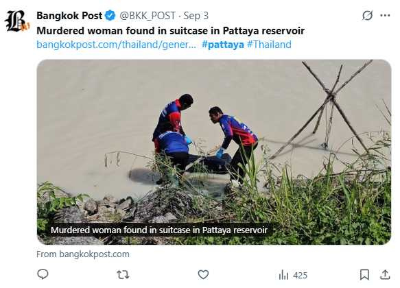 警方確認死者為亞裔女性，約30至40歲，身上有刺青並曾接受隆胸手術。（圖／翻攝自X， @BKK_POST）