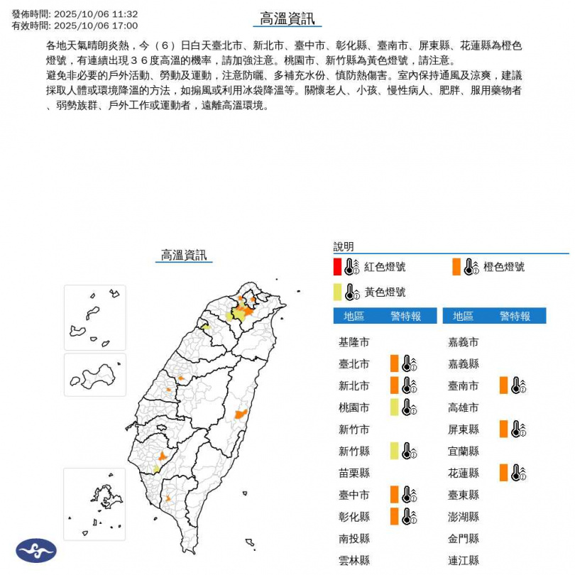 高溫警示。(圖/中央氣象署)