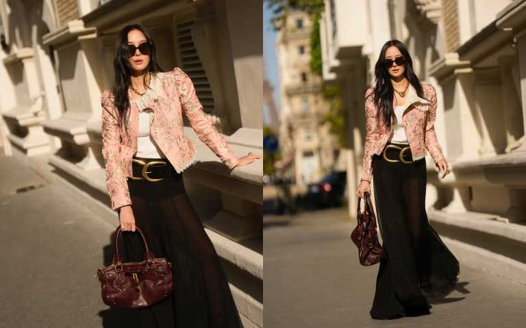 孫芸芸以Chloé全套造型現身巴黎SS26秀場，以刺繡外套搭配絲緞蕾絲上衣與高腰A字裙，展現復古浪漫氣息。（圖／孫芸芸IG）