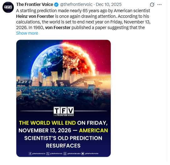 佛斯特於1960年發表於《科學》期刊的研究，提出人口爆炸將導致末日的理論。（圖／翻攝自X，@thefrontiervoic）