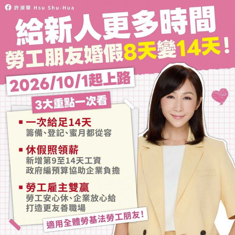 許淑華表示,「給新人多一點時間,勞工婚假8天變14天!」(圖/截自許淑華臉書)