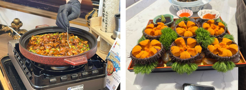 海腸撈飯(左)與海膽飯(右)是造訪大連必嚐的特色美食。(圖/王若攝)