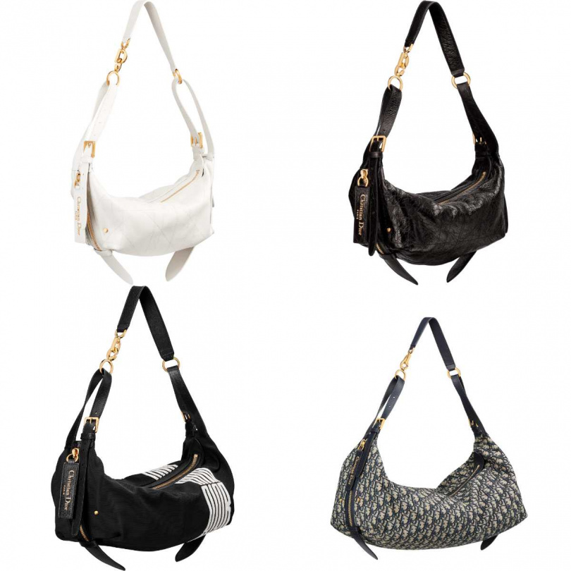 Dior D-Journey拿鐵白、黑色小牛皮皺褶小型包款／130,000元，D-Journey黑色科技面料中型包款／140,000元，D-Journey Oblique緹花帆布大型包款／170,000元（圖／品牌提供）