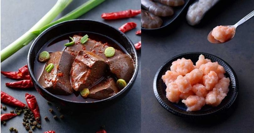 全新升級的「那個麻辣鴨血」口感水潤（左，50元／份）、品牌推薦加點的「完美蝦滑」會於點餐後直接幫你煮進酸菜魚中。（168元／份，圖／刁民酸菜魚提供）