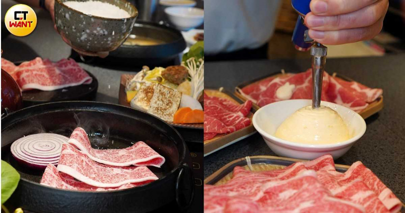專人開鍋會協助前面煎肉的部分，包括撒上日本上白糖（左），並現打「靈芝蛋慕斯」，建議品嘗時可於慕斯中撒入七味粉再用肉蘸取可提升風味。（圖／魏妤靜攝）
