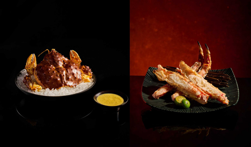 橘色涮涮屋帝王蟹火鍋以冰盤呈現，帶出蟹肉最細膩的口感（左），還有經過炭火燻炙、外酥內嫩的烤帝王蟹腳。（圖／橘色集團提供）
