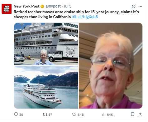 77歲退休女教師雪倫雷恩入住「Villa Vie Odyssey」號,展開15年海上旅程。(圖/翻攝自X)