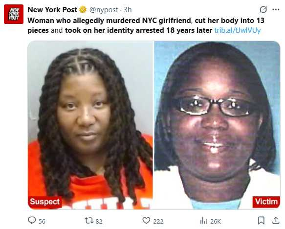 現年女子安潔·湯普森遭控於2007年殺害女友並盜用其身分，2025年正式被起訴謀殺與詐欺罪名（圖／翻攝自X，@nypost）