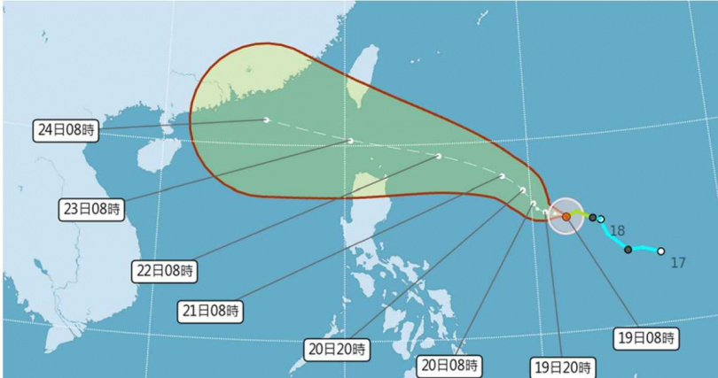 氣象署預估暴風圈半徑可達280公里，台灣南部需嚴防風雨衝擊。（圖／氣象署提供）