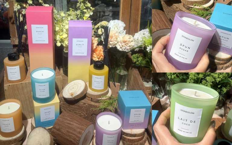 STONEGLOW 繽紛饗宴系列香氛蠟燭 40hr / 1,600元、擴香 130ml / 1,800元,右為甜綿花糖 Spun Sugar、椰香奶蓋 Lait De Coco(圖/黃筱婷攝)