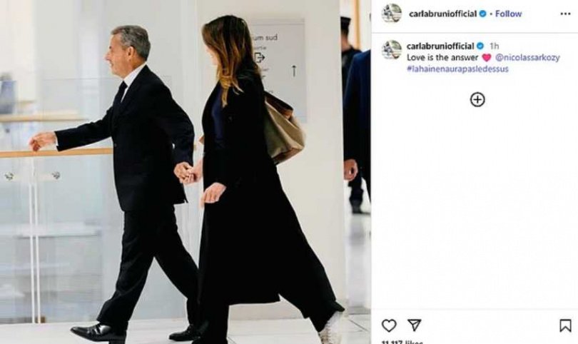 布魯妮在Instagram貼出牽手照，寫下『愛是答案』聲援丈夫。（圖／擷取自IG，carlabruni official）
