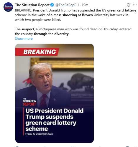 川普上任後再度鎖定移民制度改革，DV1簽證成第一波目標。（圖／翻攝自X，@TheSitRepPH）