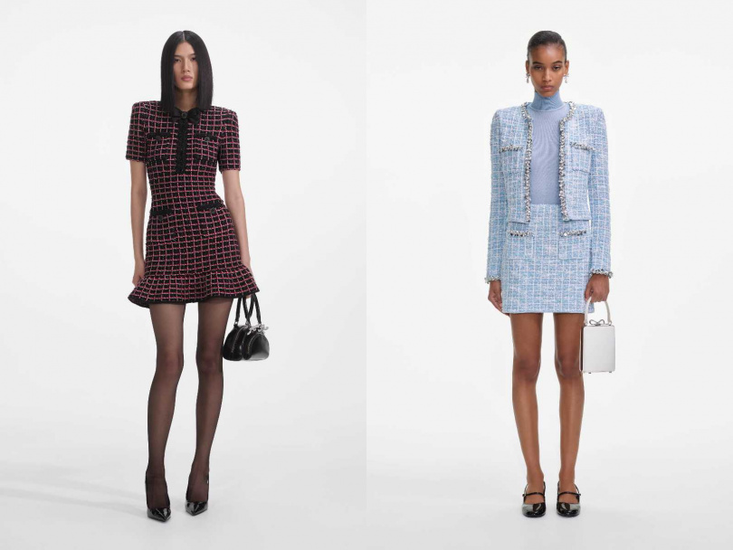 左：self-portrait 毛呢格紋洋裝／20,800元；右：self-portrait藍色毛呢外套／20,800元、毛呢短裙／13,800元（圖／品牌提供）