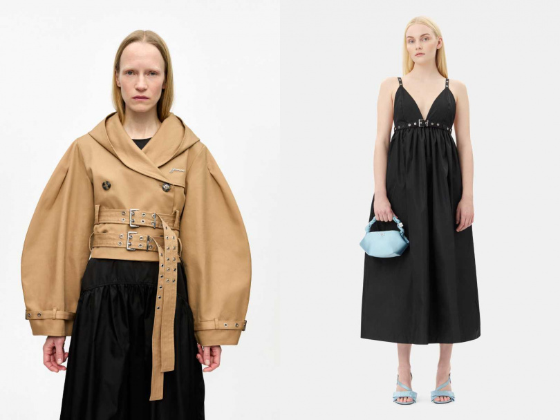 左：GANNI黏合棉質短版雙排扣夾克／20,800元；右：GANNI尼龍吊帶長洋裝／13,800元（圖／品牌提供）