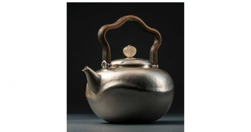 陳念舟銀壺的提樑以積成材曲木相疊為如意或祥雲造型。（圖╱吳德亮攝）