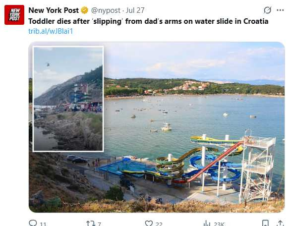德國21月大女童滑水道墜地不治　克羅埃西亞水上樂園釀死劫。（圖／翻攝自X）