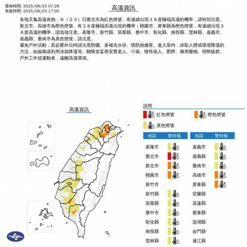 高溫警示。(圖/中央氣象署)