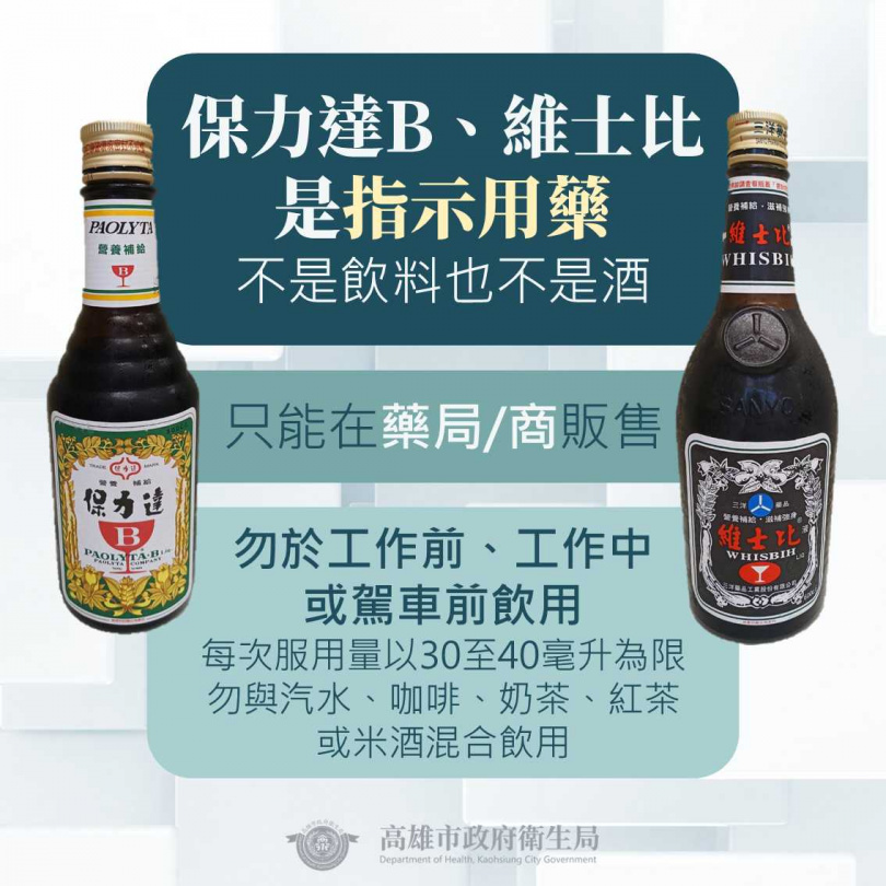 衛生局提醒,「保力達B」、「維士比」是藥,不是飲品或酒。(圖/翻攝自高雄市衛生局官網)