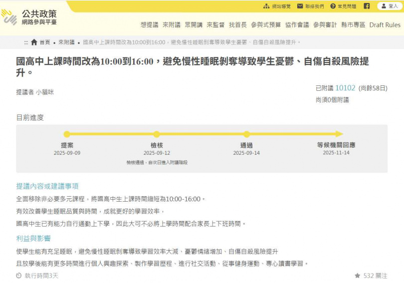 國高中上課時間延後提案通過。(圖/公共政策網路參與平台)