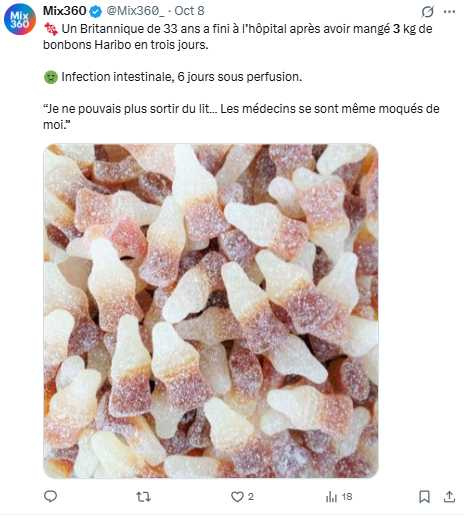 33歲英國男子雷明頓三天內吃光3公斤軟糖後腹痛送醫，醫師發現其體內果凍膠含量超標。圖翻攝自X，@Mix360_）